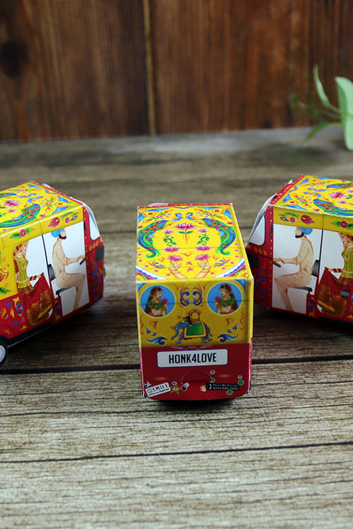 Load image into Gallery viewer, Rickshaw Tuktuk Shaped Favour Boxes Yellow &amp; Red – Flat Pack, Fill &amp; Assemble
