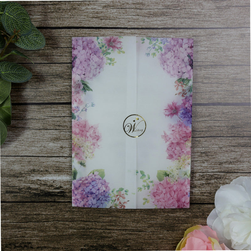 Vellum Jacket Invitations with blue & lilac flowers Vellum Wedding Invitations