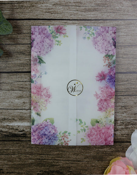 Vellum Jacket Invitations with blue & lilac flowers Vellum Wedding Invitations