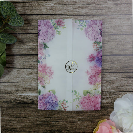 Vellum Jacket Invitations with blue & lilac flowers Vellum Wedding Invitations