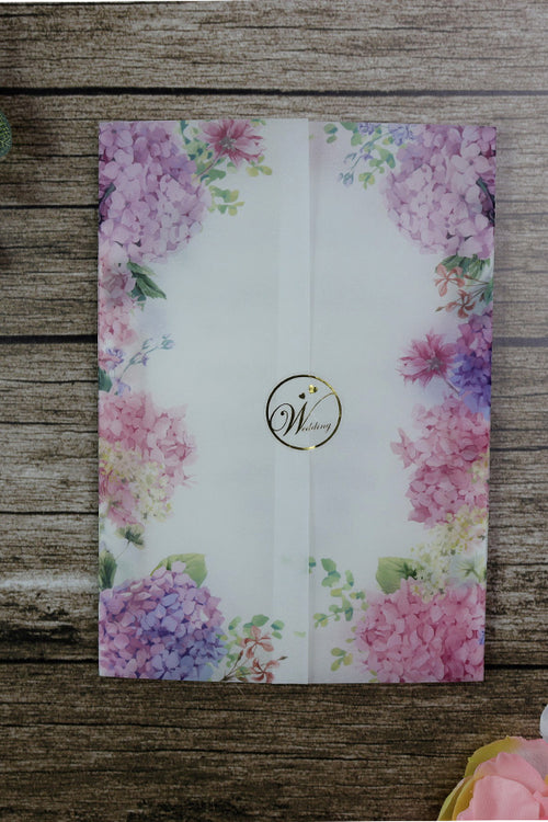 Load image into Gallery viewer, Vellum Jacket Invitations with blue &amp; lilac flowers Vellum Wedding Invitations

