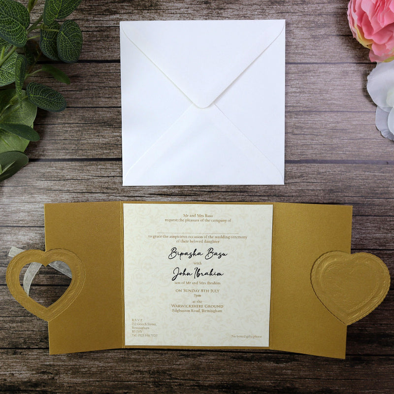 Gold Gatefold Hearts wedding Invitation card W001