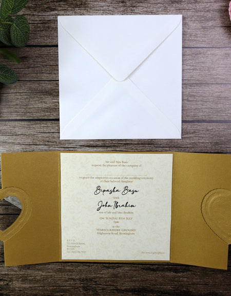 Gold Gatefold Hearts wedding Invitation card W001