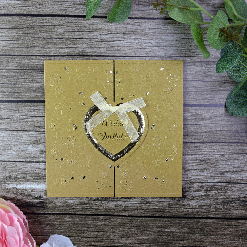 Gold Gatefold Hearts wedding Invitation card W001