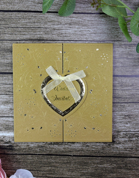 Gold Gatefold Hearts wedding Invitation card W001