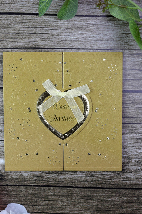 Load image into Gallery viewer, Gold Gatefold Hearts wedding Invitation card W001
