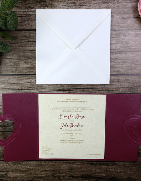 W001 Burgundy Gatefold Heart Invitation