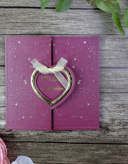W001 Burgundy Gatefold Heart Invitation