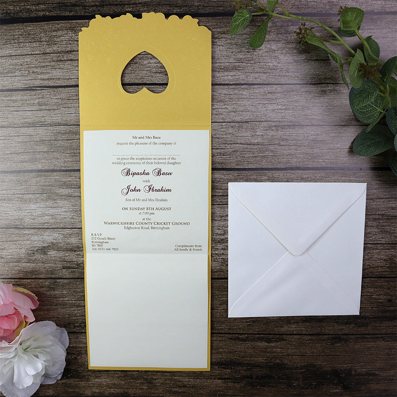 Pearlescent Gold 2 fold Asian style Heart wedding invitation card W046 GOLD