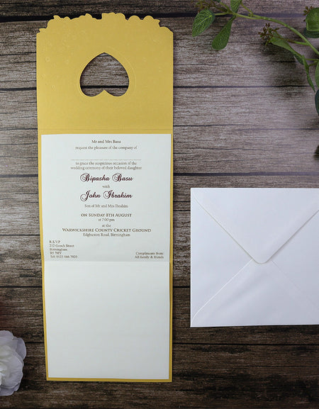 Pearlescent Gold 2 fold Asian style Heart wedding invitation card W046 GOLD