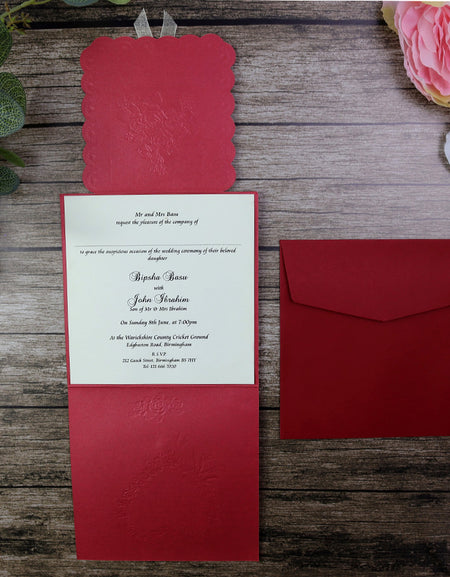 W060I Scarlet red and gold embossed bouquet with bow