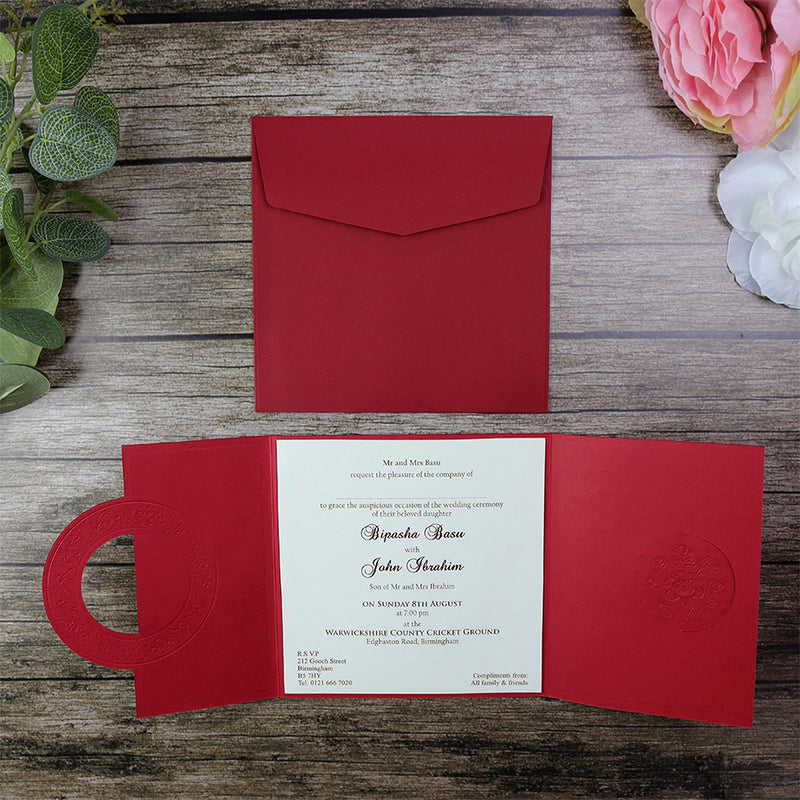 W0861 Regal red gold filigree embossed and letterpress wedding invitations