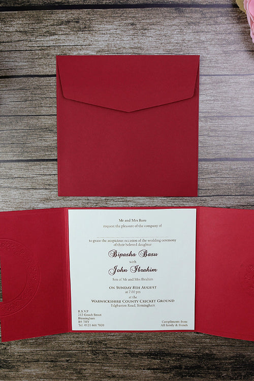 Load image into Gallery viewer, W0861 Regal red gold filigree embossed and letterpress wedding invitations
