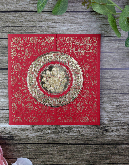 Red Square Asian Wedding Invitation Card design with Gold Foil 