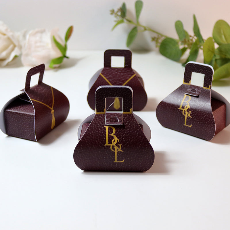Handbag-Shaped Favour Boxes 103 Maroon – Personalised with Initials or Logo