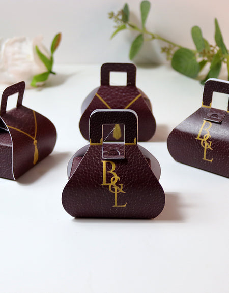 Handbag-Shaped Favour Boxes 103 Maroon – Personalised with Initials or Logo