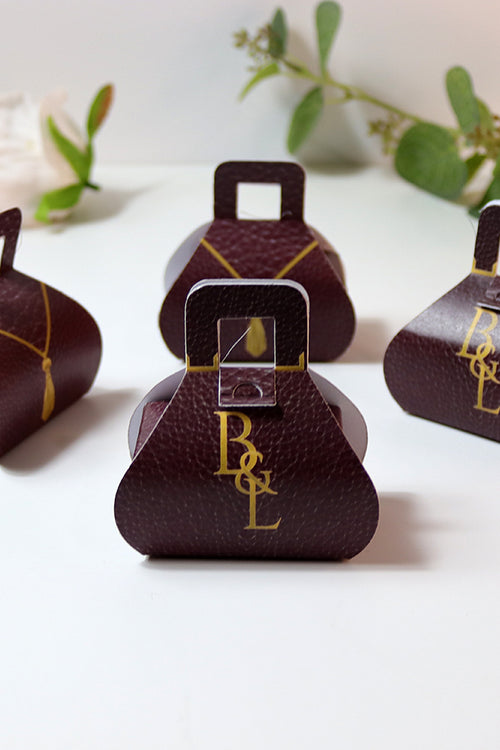 Load image into Gallery viewer, Handbag-Shaped Favour Boxes 103 Maroon – Personalised with Initials or Logo
