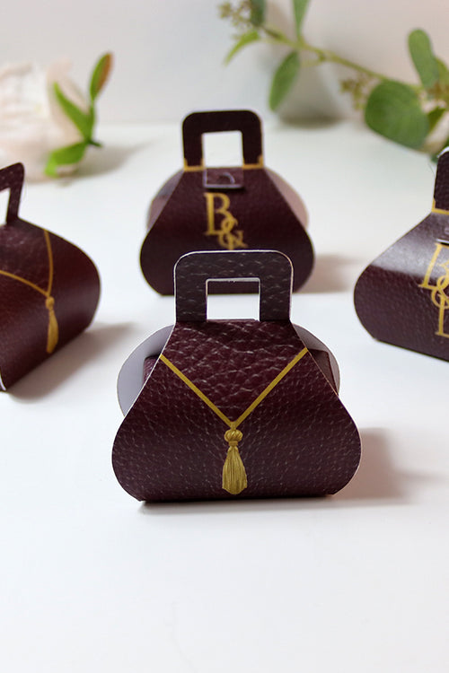 Load image into Gallery viewer, Handbag-Shaped Favour Boxes 103 Maroon – Personalised with Initials or Logo
