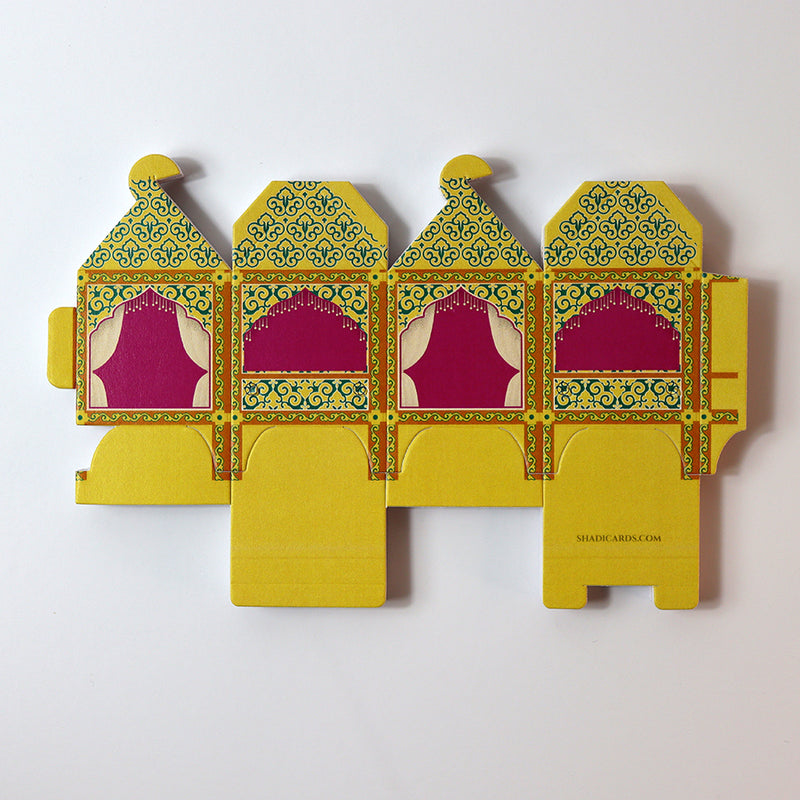 Doli-Shaped Favour Boxes Yellow – Flat Pack Wedding & Mehndi Gift Boxes