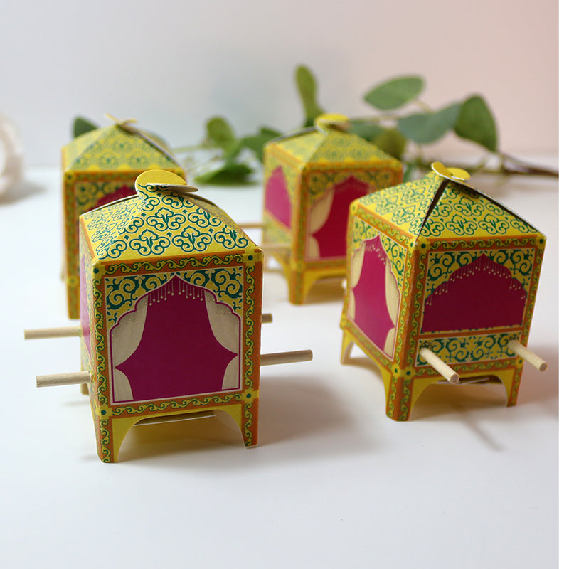 Doli-Shaped Favour Boxes Yellow – Flat Pack Wedding & Mehndi Gift Boxes