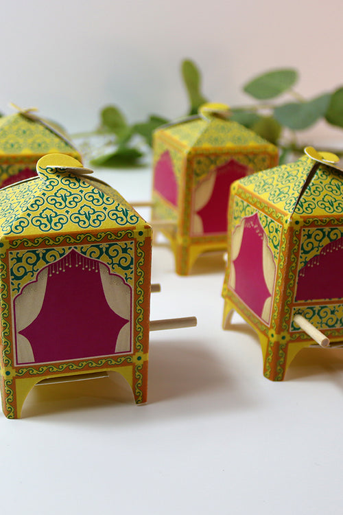 Load image into Gallery viewer, Doli-Shaped Favour Boxes Yellow – Flat Pack Wedding &amp; Mehndi Gift Boxes
