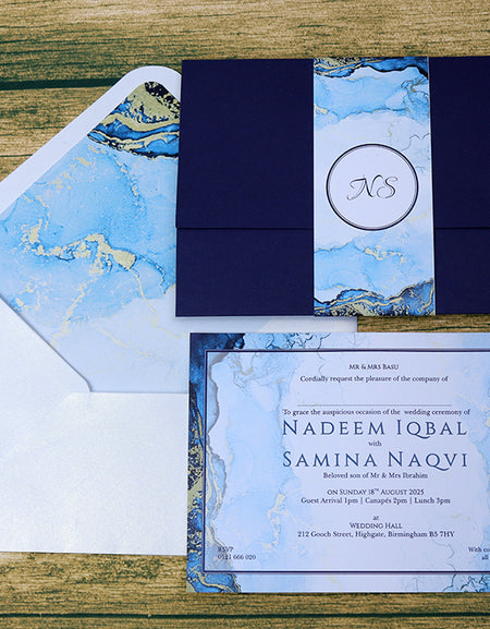 PCM Blue A5 Sized Invitation Card - Dark Blue Marble Design with Matching Envelope Liner & Band
