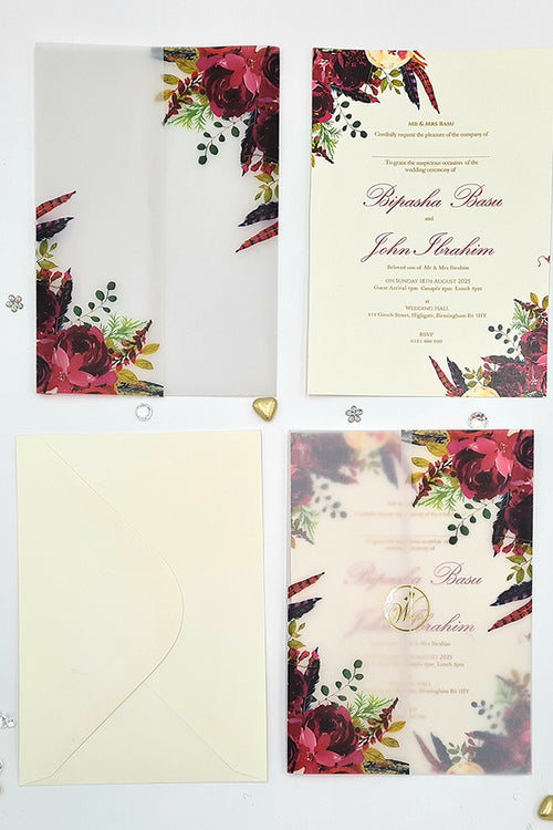 Load image into Gallery viewer, ABC 1098 Bright Pink Floral Translucent Vellum Wrap Overlay A5 Invitation

