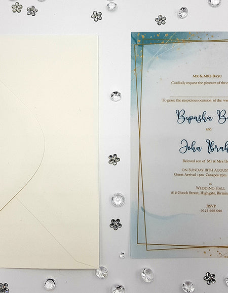Translucent Invitations in blue with gold line border