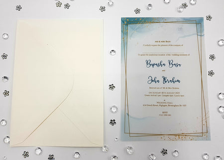 Translucent Invitations in blue with gold line border