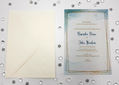 Load image into Gallery viewer, Teal Agate Marble with Geometric border A5 Vellum Invitation ABC 1152
