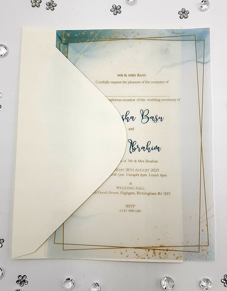 Flat A5 Vellum Invitations in Teal and Geometric gold border design
Vellum Wedding Invitations