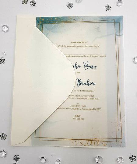 Flat A5 Vellum Invitations in Teal and Geometric gold border design
Vellum Wedding Invitations