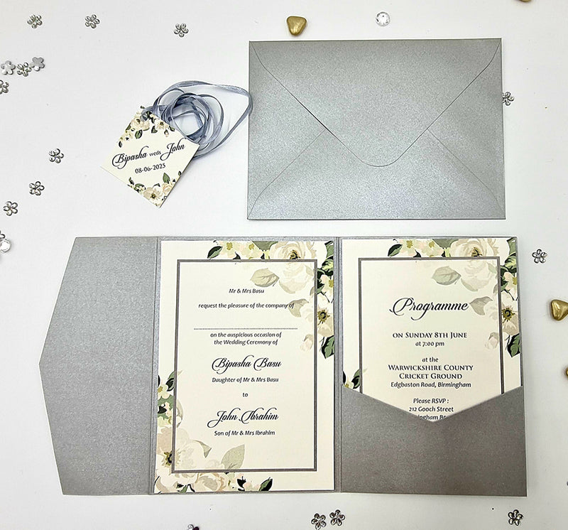 Grey Vintage Floral Pocketfold Invitation ABC 1171