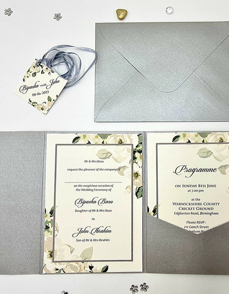 Grey Vintage Floral Pocketfold Invitation ABC 1171