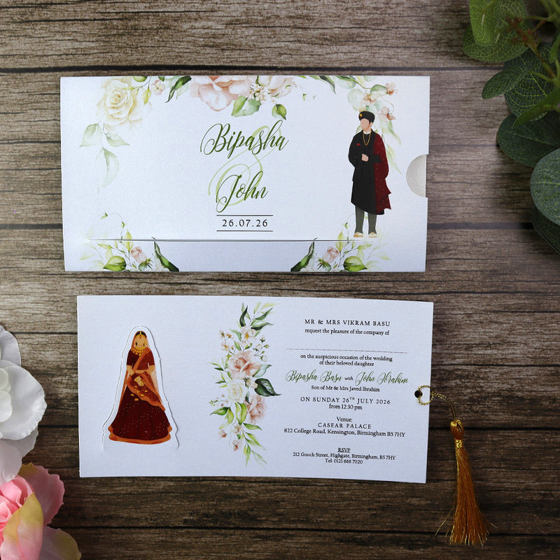 ABC 1196 Sliding Bride & Groom Maroon Floral Invitation