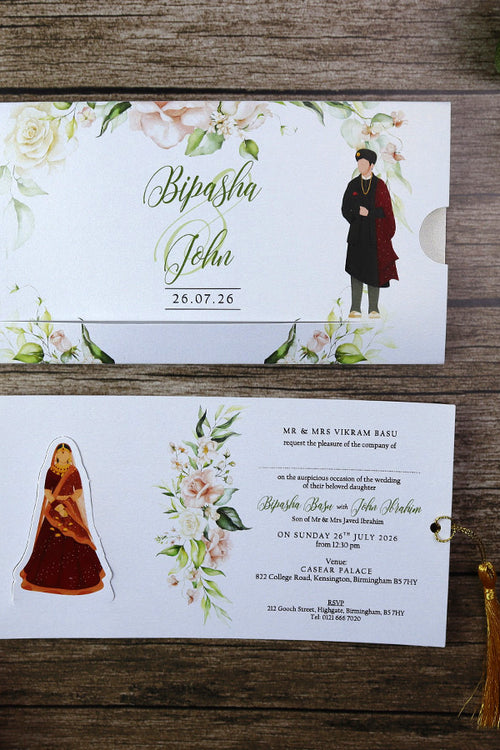Load image into Gallery viewer, ABC 1196 Sliding Bride &amp; Groom Maroon Floral Invitation
