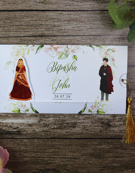 ABC 1196 Sliding Bride & Groom Maroon Floral Invitation