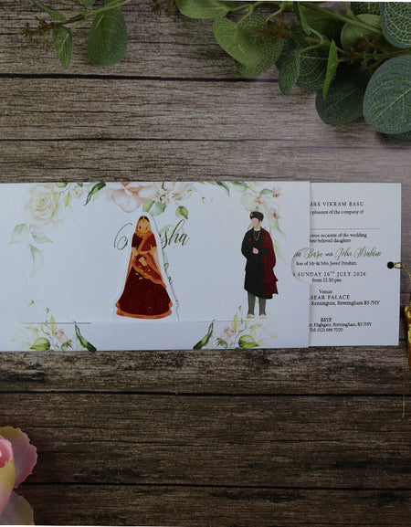 ABC 1196 Sliding Bride & Groom Maroon Floral Invitation