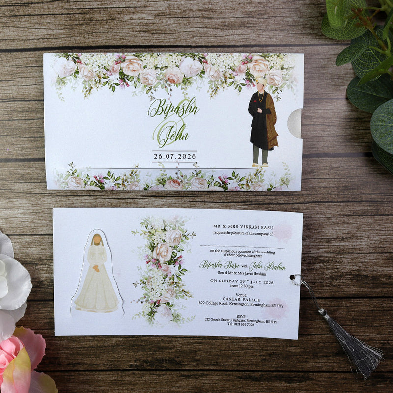 ABC 1197 Sliding Bride & Groom Maroon Floral Invitation