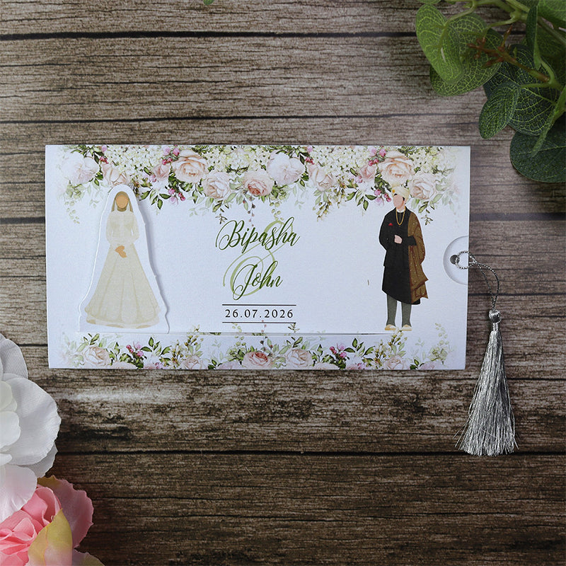ABC 1197 Sliding Bride & Groom Maroon Floral Invitation