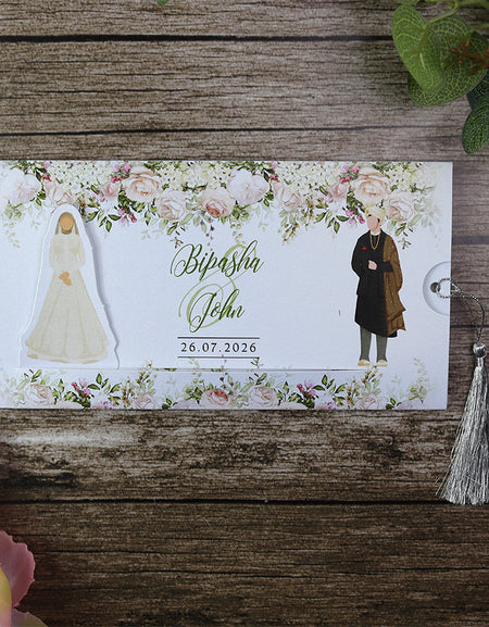 ABC 1197 Sliding Bride & Groom Maroon Floral Invitation
