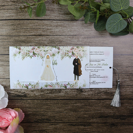 ABC 1197 Sliding Bride & Groom Maroon Floral Invitation