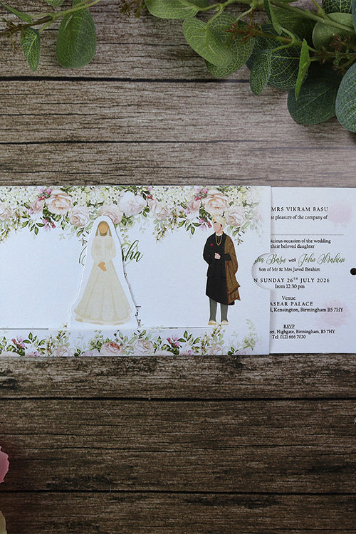 Load image into Gallery viewer, ABC 1197 Sliding Bride &amp; Groom Maroon Floral Invitation
