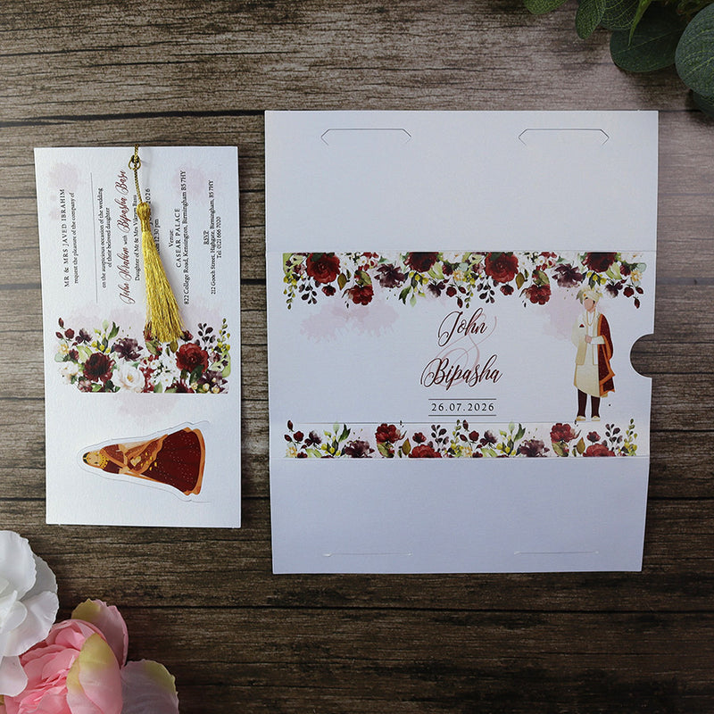 ABC 1199 Sliding Bride & Groom Maroon Floral Invitation