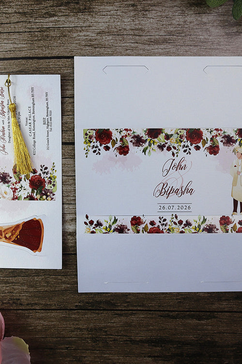 Load image into Gallery viewer, ABC 1199 Sliding Bride &amp; Groom Maroon Floral Invitation
