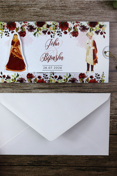 Load image into Gallery viewer, ABC 1199 Sliding Bride &amp; Groom Maroon Floral Invitation
