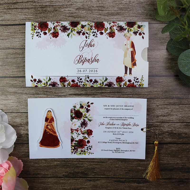 ABC 1199 Sliding Bride & Groom Maroon Floral Invitation