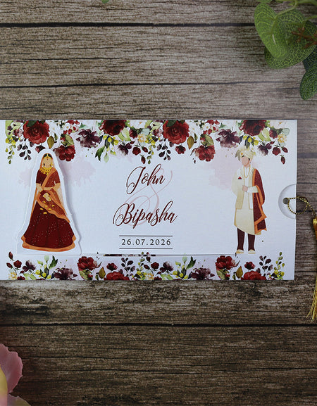 ABC 1199 Sliding Bride & Groom Maroon Floral Invitation - Interactive Maroon Floral Design with Moving Bride & Groom