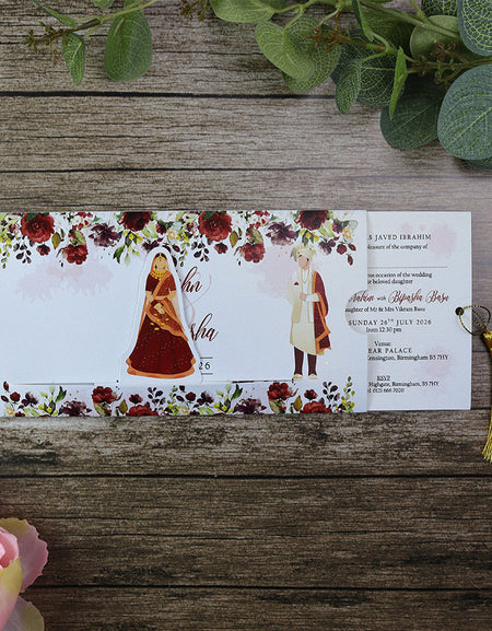 ABC 1199 Sliding Bride & Groom Maroon Floral Invitation - Interactive Maroon Floral Design with Moving Bride & Groom