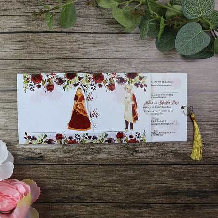 ABC 1199 Sliding Bride & Groom Maroon Floral Invitation - Interactive Maroon Floral Design with Moving Bride & Groom